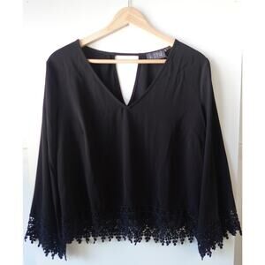 Black Crochet V-Neck Top Boho Lace Trim Shirt Long Sleeve Blouse Sz Small ASTR